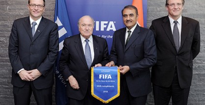 (From left) Mr. Thierry Regenass, Mr. Joseph Blatter, Mr. Praful Patel and Mr. Jerome Valcke pose after their meeting in Zurich on Wednesday.