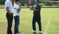Armando Colaco explaining to Wim Koevermans and Pushpargha Chatterjee(AIFF Technical Dept)