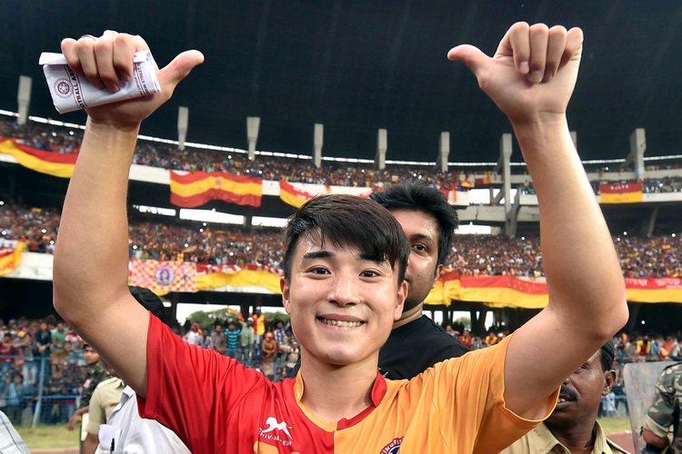 East Bengal player Do Dong-hyun celebrates after scoring 2 goals against Mohun Bagan