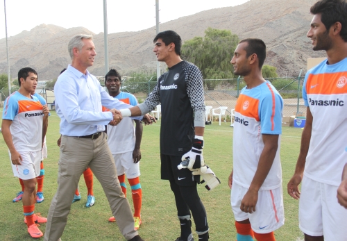 India’s U-22 players greet National Coach Wim Koevermans at a practice session in Muscat.