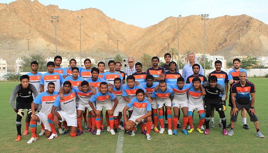 National Coach Wim Koevermans and Technical Director Rob Baan pose with the U-22 squad in Muscat.