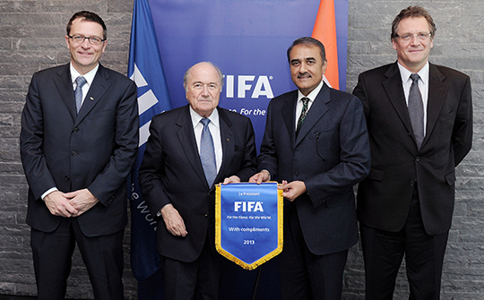 (From left) Mr. Thierry Regenass, Mr. Joseph Blatter, Mr. Praful Patel and Mr. Jerome Valcke pose after their meeting in Zurich on Wednesday.